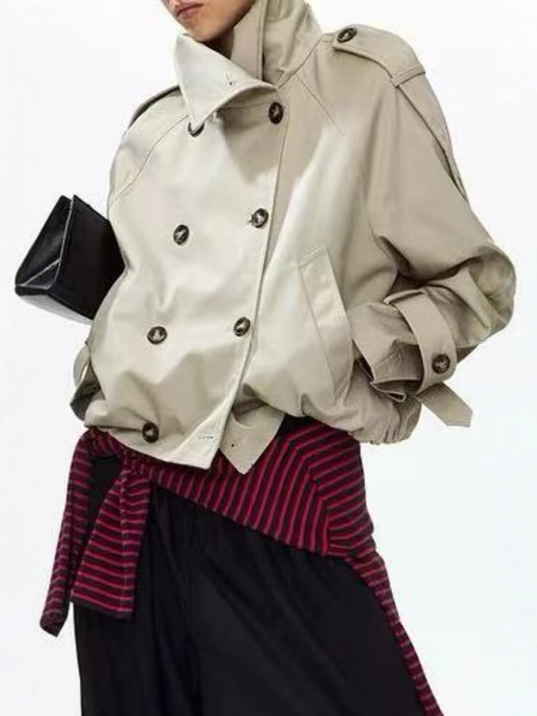 Women's American Retro Double-Row Button Windproof Stand Collar Short Coat New Style 1341969 Fashionable Ladies' Windbreaker