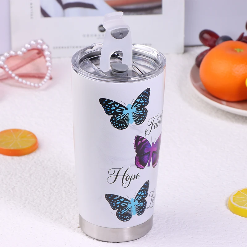 1pc 20oz Butterfly Tumbler Cup With Lid Stainless Steel Double Wall Vacuum Thermos Insulated Travel Coffee Mug