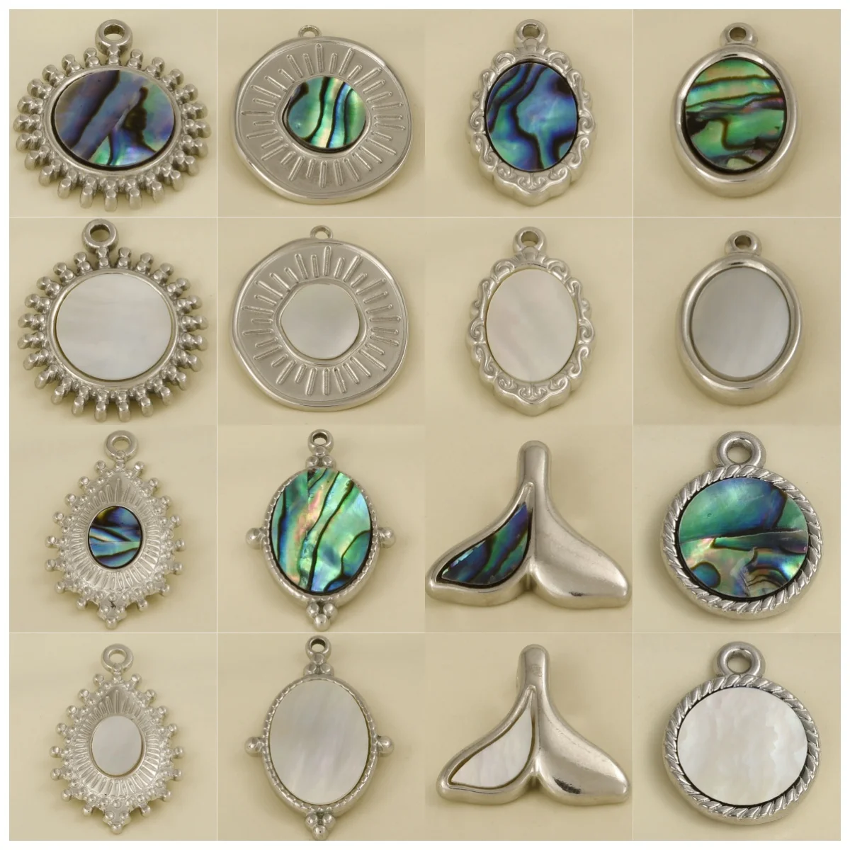 

7pcs Classic Silver Color No Fading Geometry Texture Real White Seashell/ Abalone Seashell Pendant Fish Tail Brief Pendants