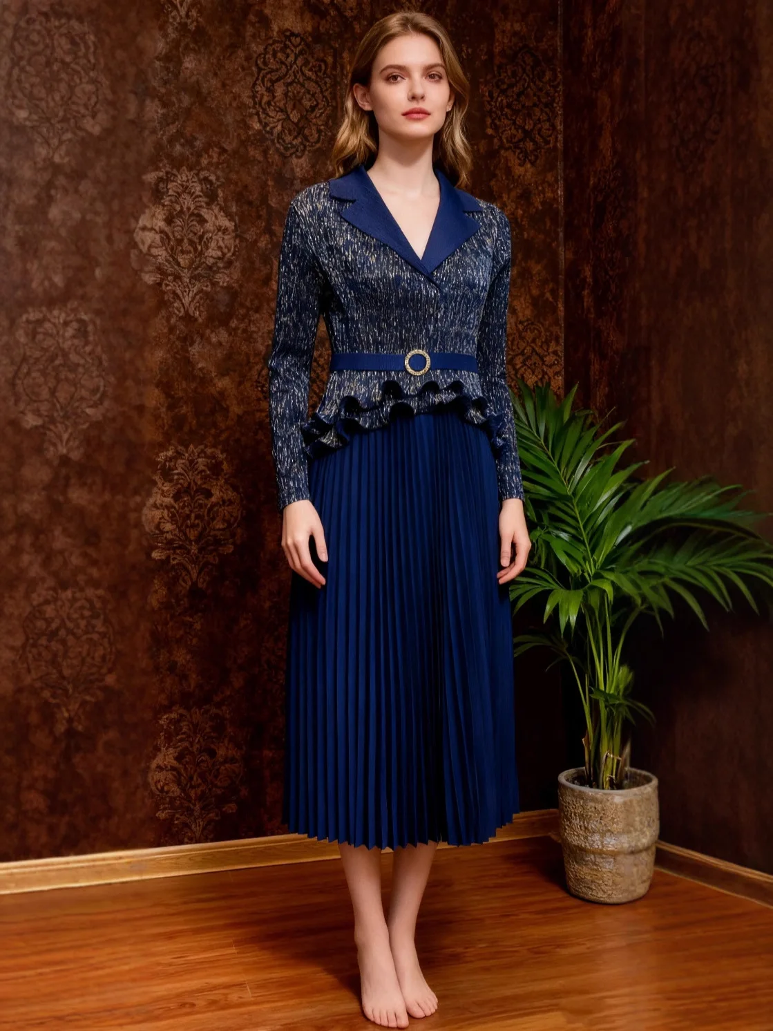 

Miyakaya Style Pleated Dress for Women 2025 New Gold-plated Color-blocking Fake Two-piece Fashion Large-size Pleated Skirt