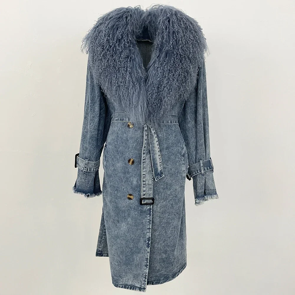 Mongolian Fur Collar Jacket 2025 Autumn Winter Fashion Lady Denim Jacket Long Trench Coat Fur Detachable Collar Fur Overcoats