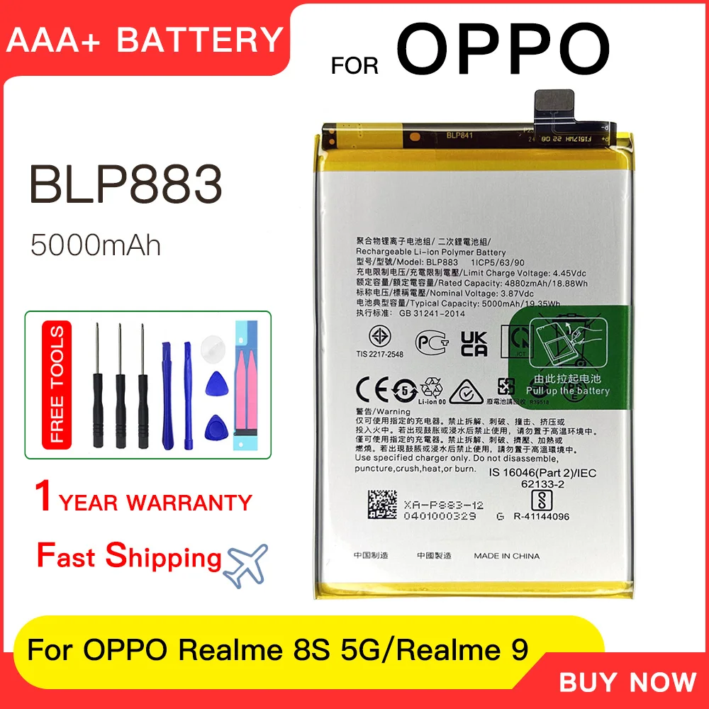

Genuine replacement Battery 5000mAh BLP883 For OPPO Realme 8S 5G /Realme 9 Batteries batteria+Free tools