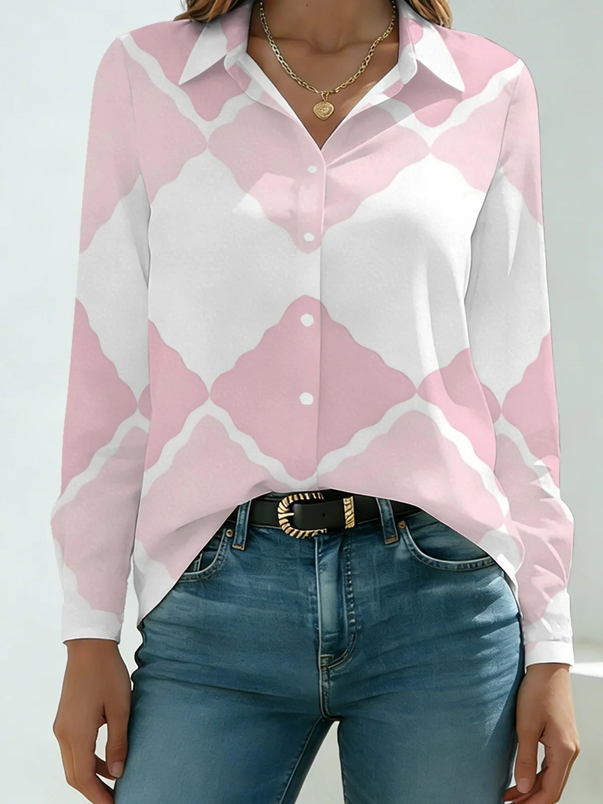 Fresh Spring Pastel Geometric Print Women Lapel Blouse Soft Pink White Block Wavy Edge Lattice Long Sleeve Camping Travel Casual
