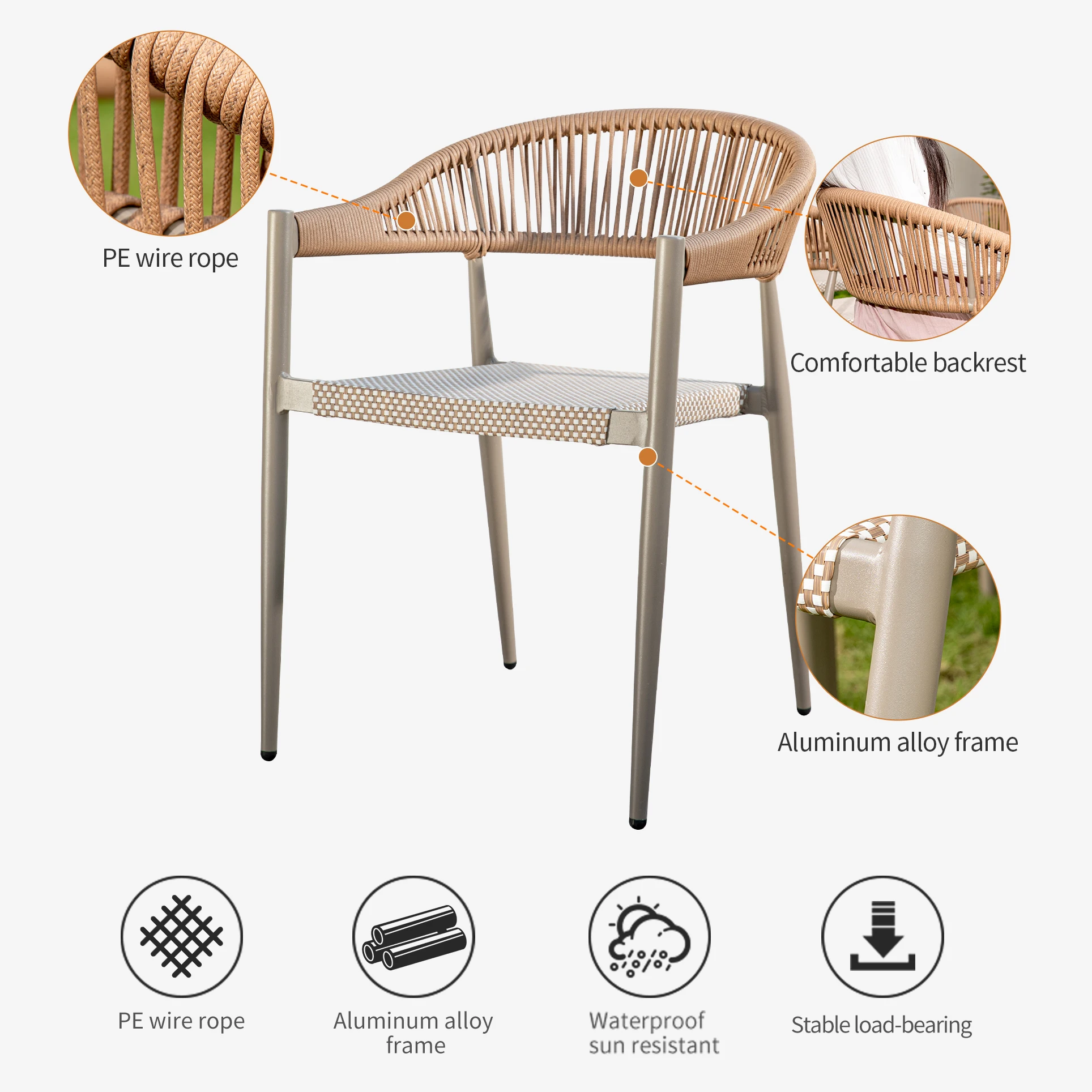 Aluminum Waterproof Chair Dine Coffee Canteen Dining Restaurant PE Rattan Chairs Outdoor Garden Wicker Woven Rope Furniture