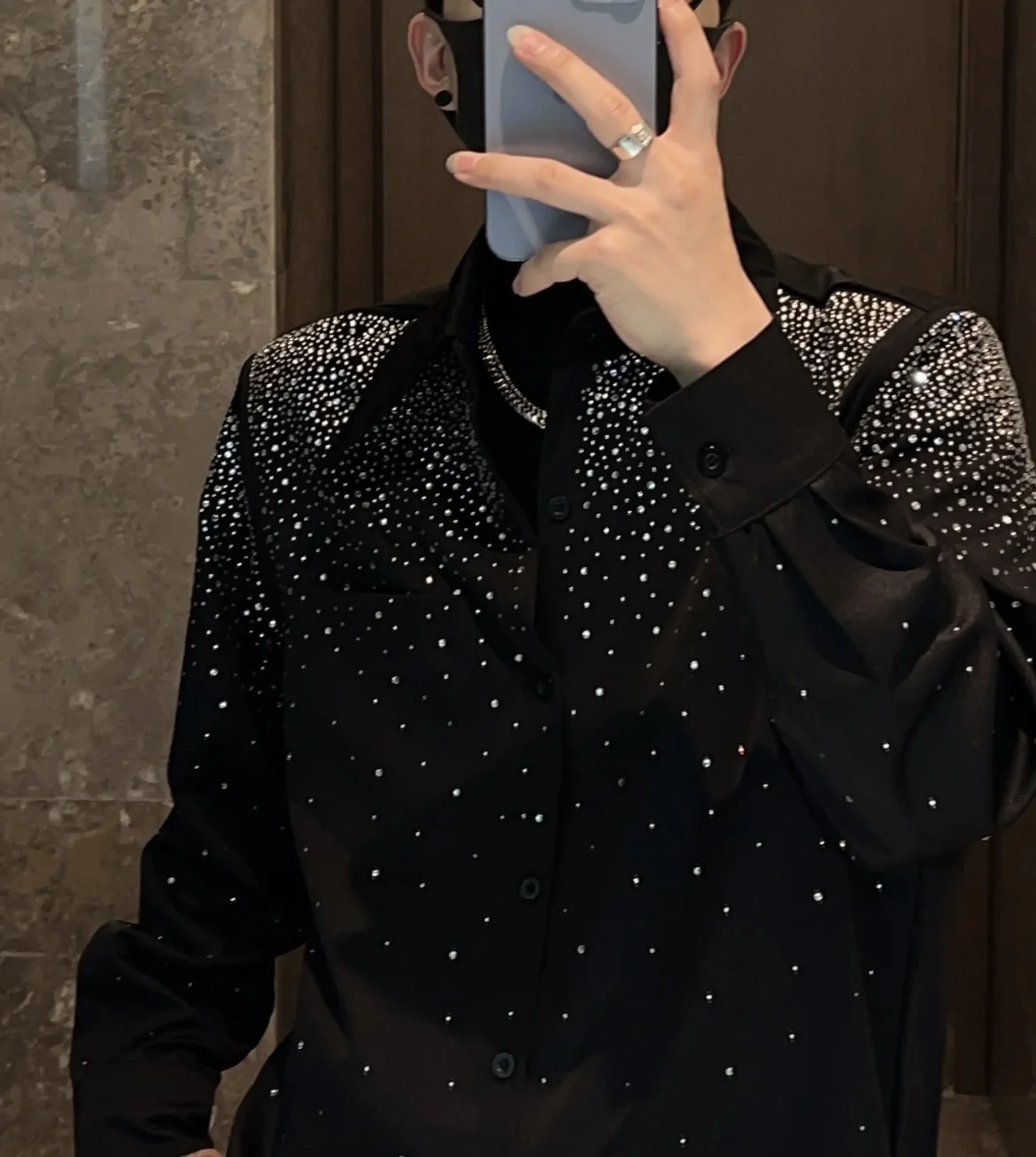 Camisa de strass manga comprida masculina, roupa casual de streetwear, camisas da moda, sem engomar, moda alta, nova moda, outono, 2023