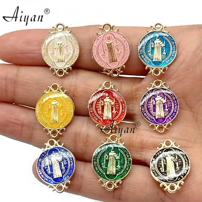 50 Pieces Saint Benedict Medal Double Side Catholic Medals Favor Gifts Religious Charm Connector Bead Set Many Colors Can Choose