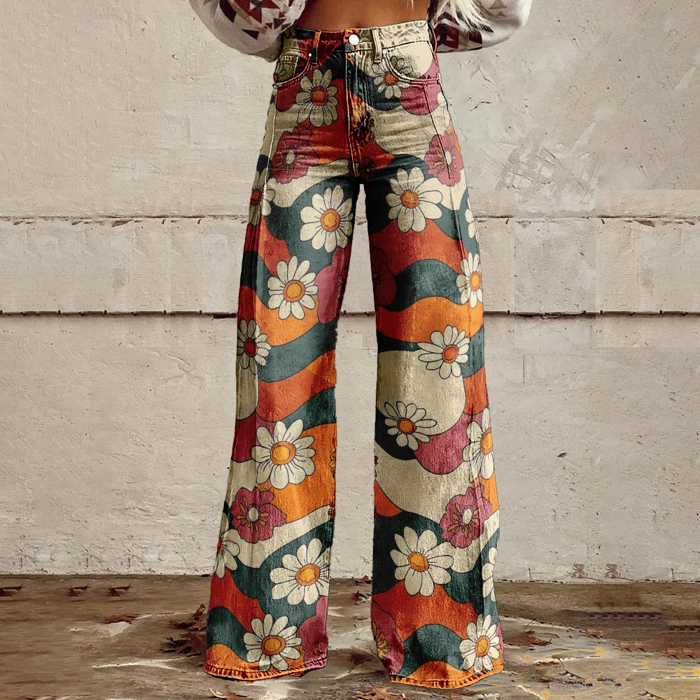 Neue Retro-bedruckte Hose, weite Beine, aztekischer Leopardenmuster, böhmische Streetwear, locker, Partyhose, große Taille