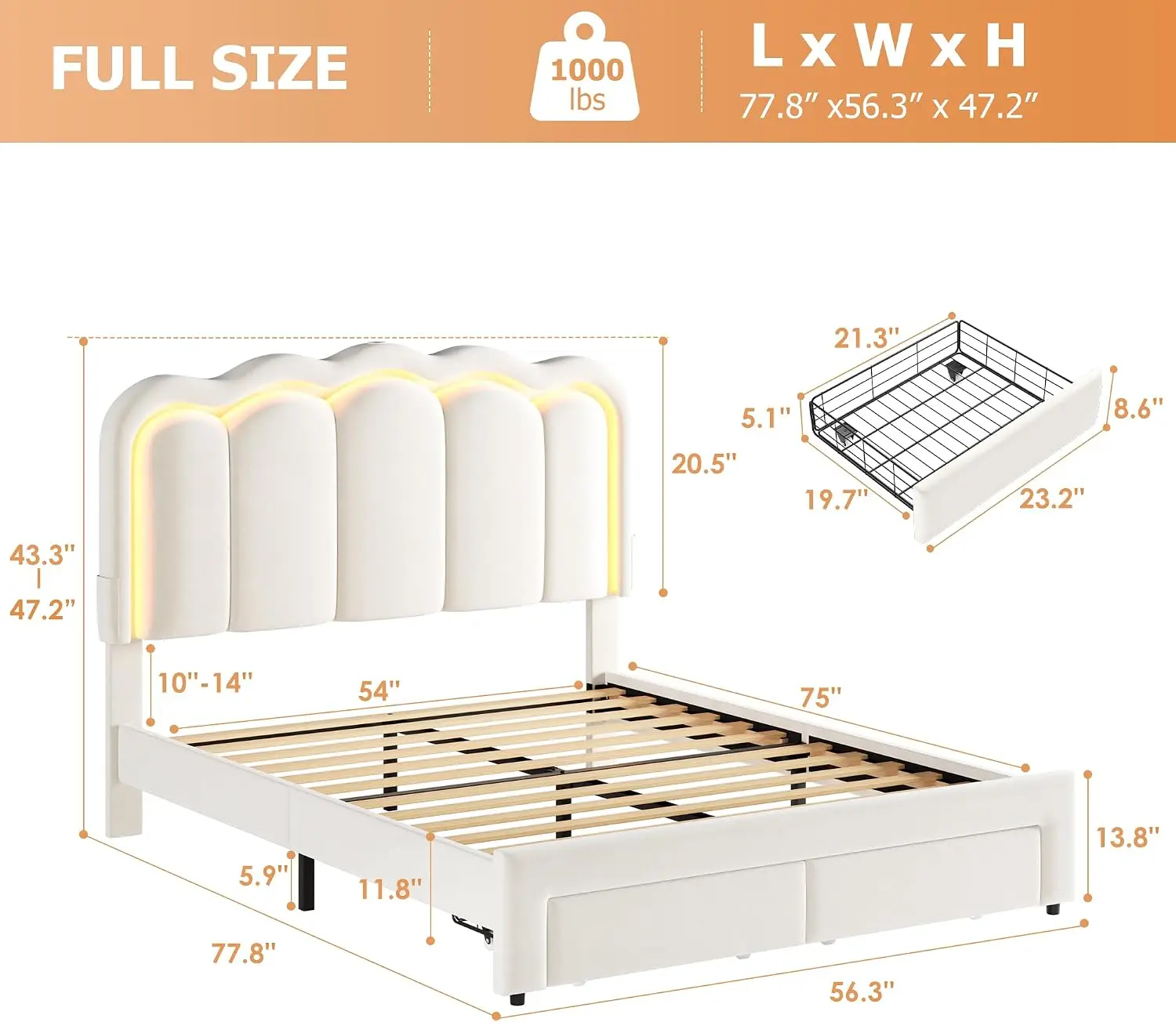 Full Upholstered LED Bed Frame with 2 Storage Drawers and Adjustable Chic Double Wavy Headboard, Velvet Princess Platform Bed