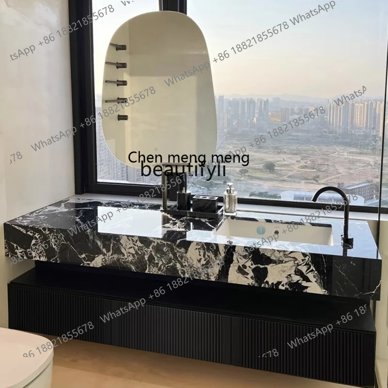 

X Hotel style bathroom cabinet, rock slab seamless integrated basin washstand light luxury high-end bathroom oak paint