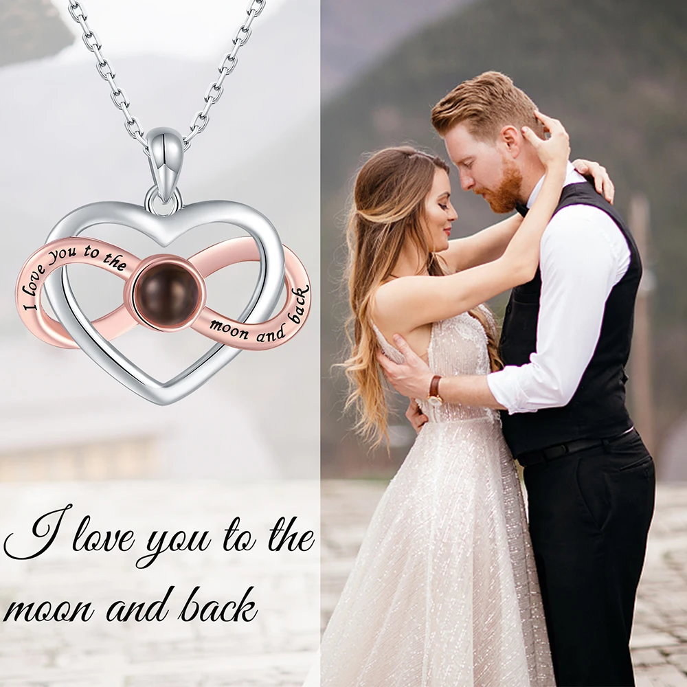 925 Silver I Love You 100 Languages Projection Heart Infinity Pendant Necklaces Different Jewelry Valentine Day Gifts For Women