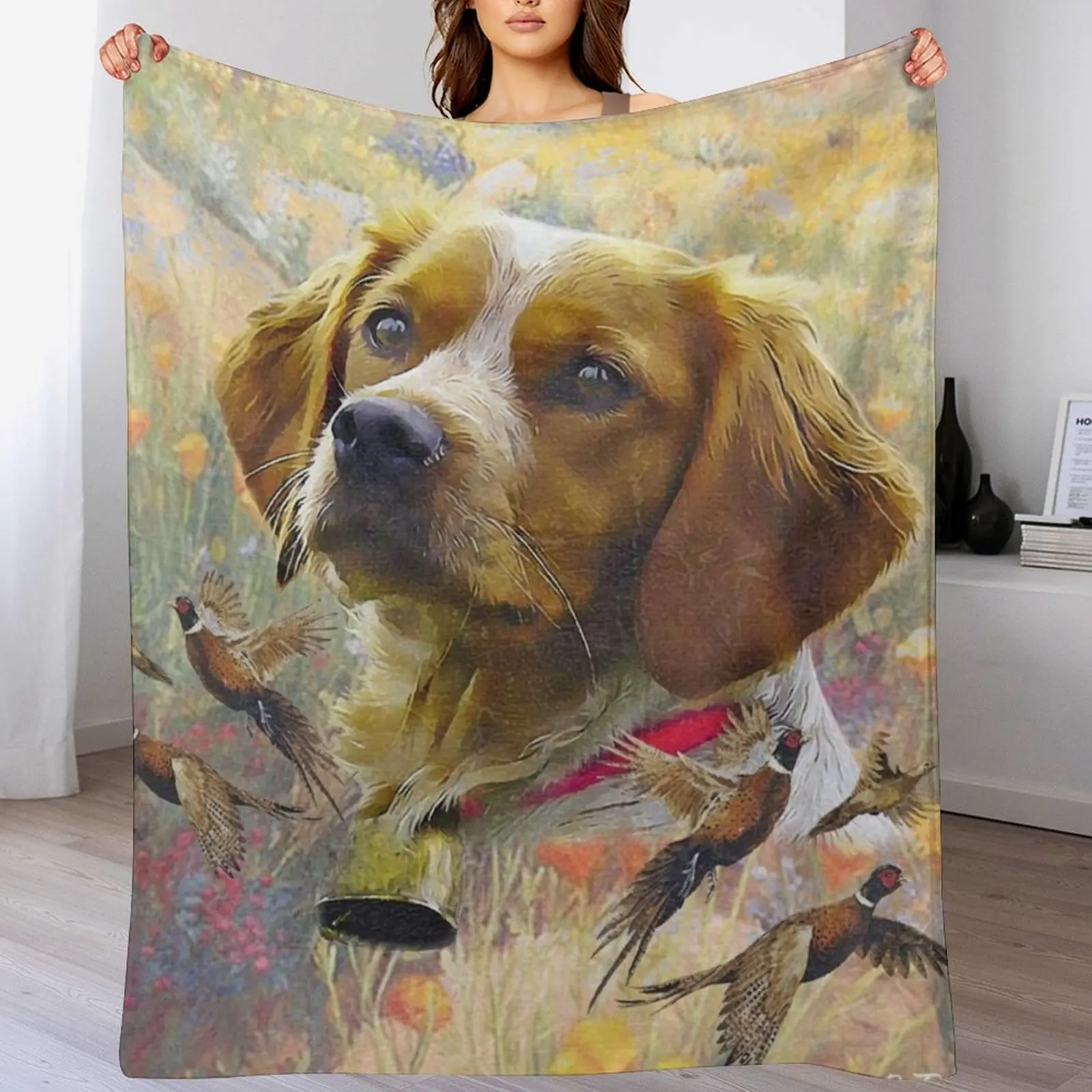 Brittany Spaniel Art , Pheasant hunting Throw Blanket Multi-Purpose Comforter Flannel Decorative Throw Blankets