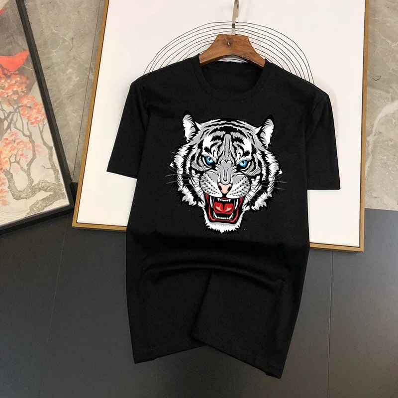 Europe Station High-end 2024 Summer New Short-sleeved Men's Round Neck Tiger Print Light Luxury Tide Brand Graphic T Shirts