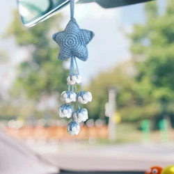 Blue Star Car Mirror Hanging Accessories - Car Interior Rearview Mirror Decorative Pendant - Handmade Crochet Car Accessories