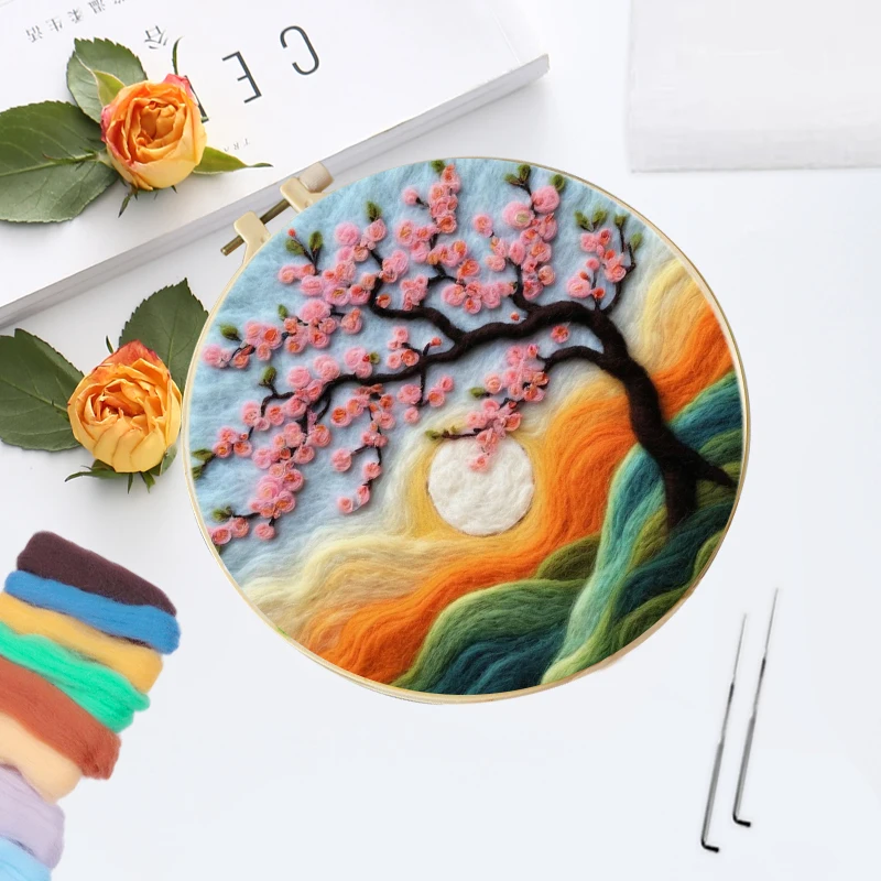 CHENISTORY Needle Felting Wool Painting With Embroidery Plum Blossom Tree Scenery Needle Felt Starter For Beginner Handicraft