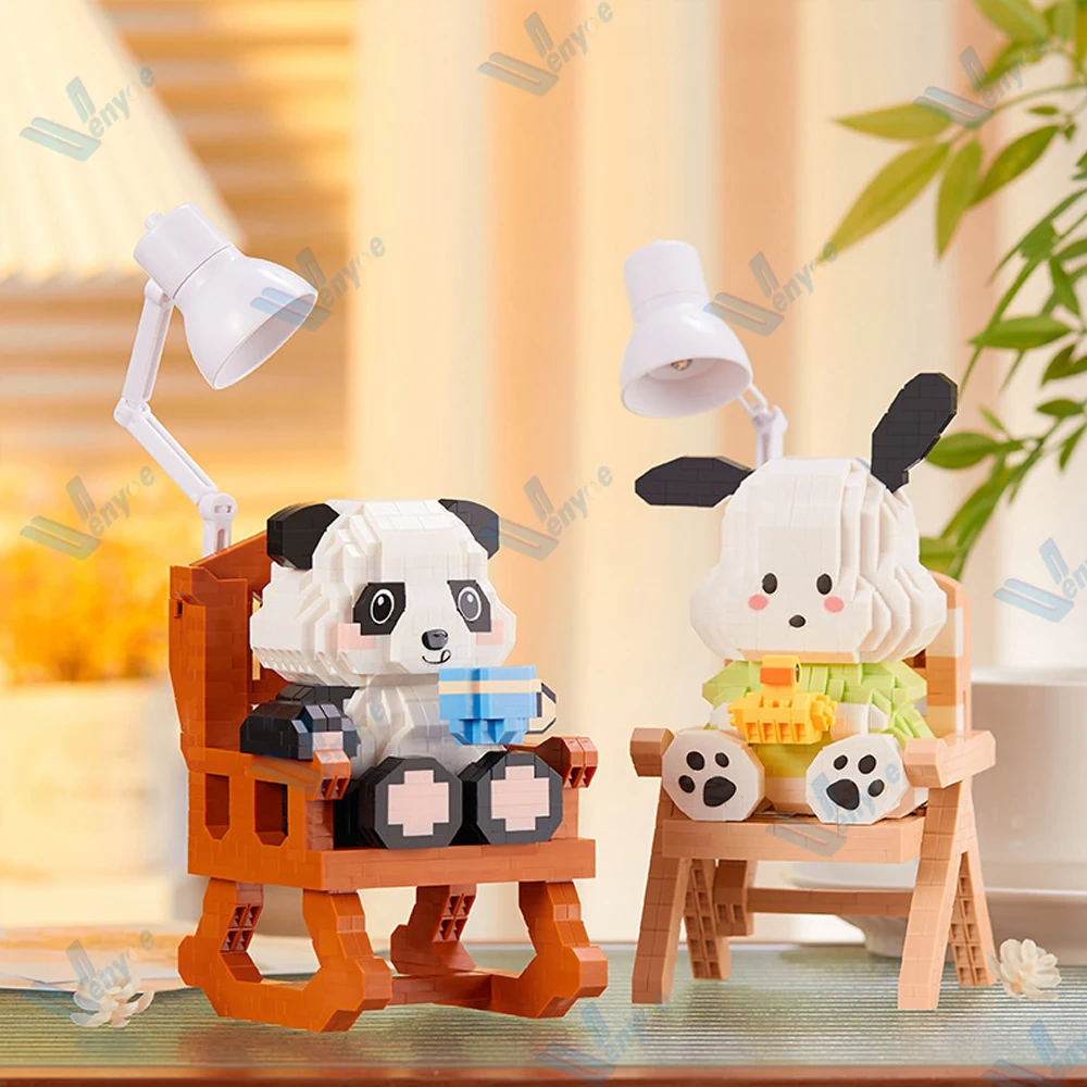 Kawaii Desk Lamp Pochacco Panda Building Blocks Moon Sleeping Cinnamorol Sanrio Model Mini Brick Losto Figures Toys For Gift