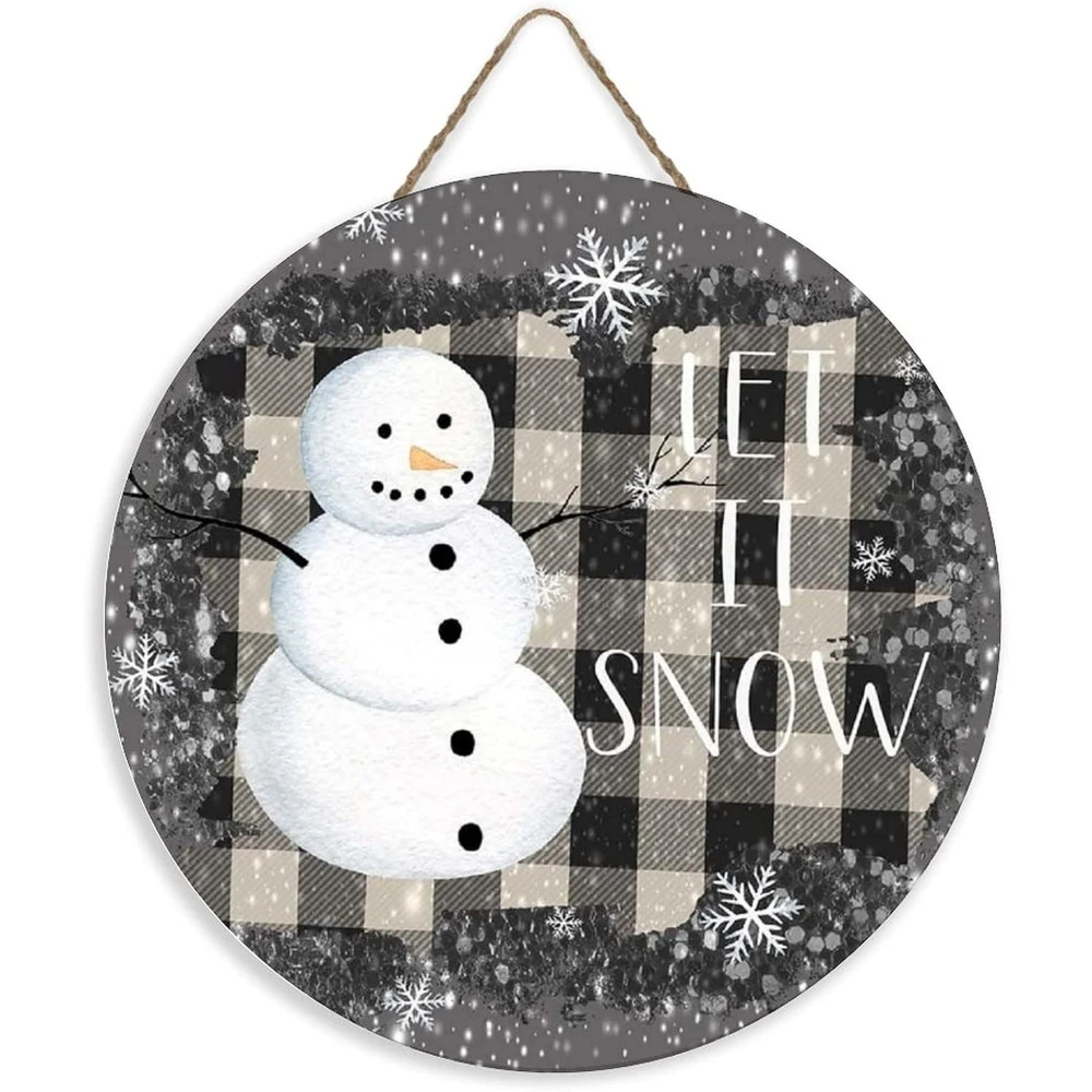Let It Snow Circle Wood Sign Black and White Buffalo Plaid Snowman Wooden Sign Christmas Wood Hanging Sign Wall Art