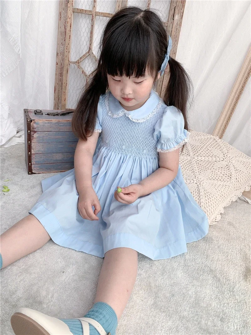 Girls Smocking Dress Baby Handmade Smock Clothes for Girl Children Peter Pan Collar Lace Frocks Infant Boutique Vestidos