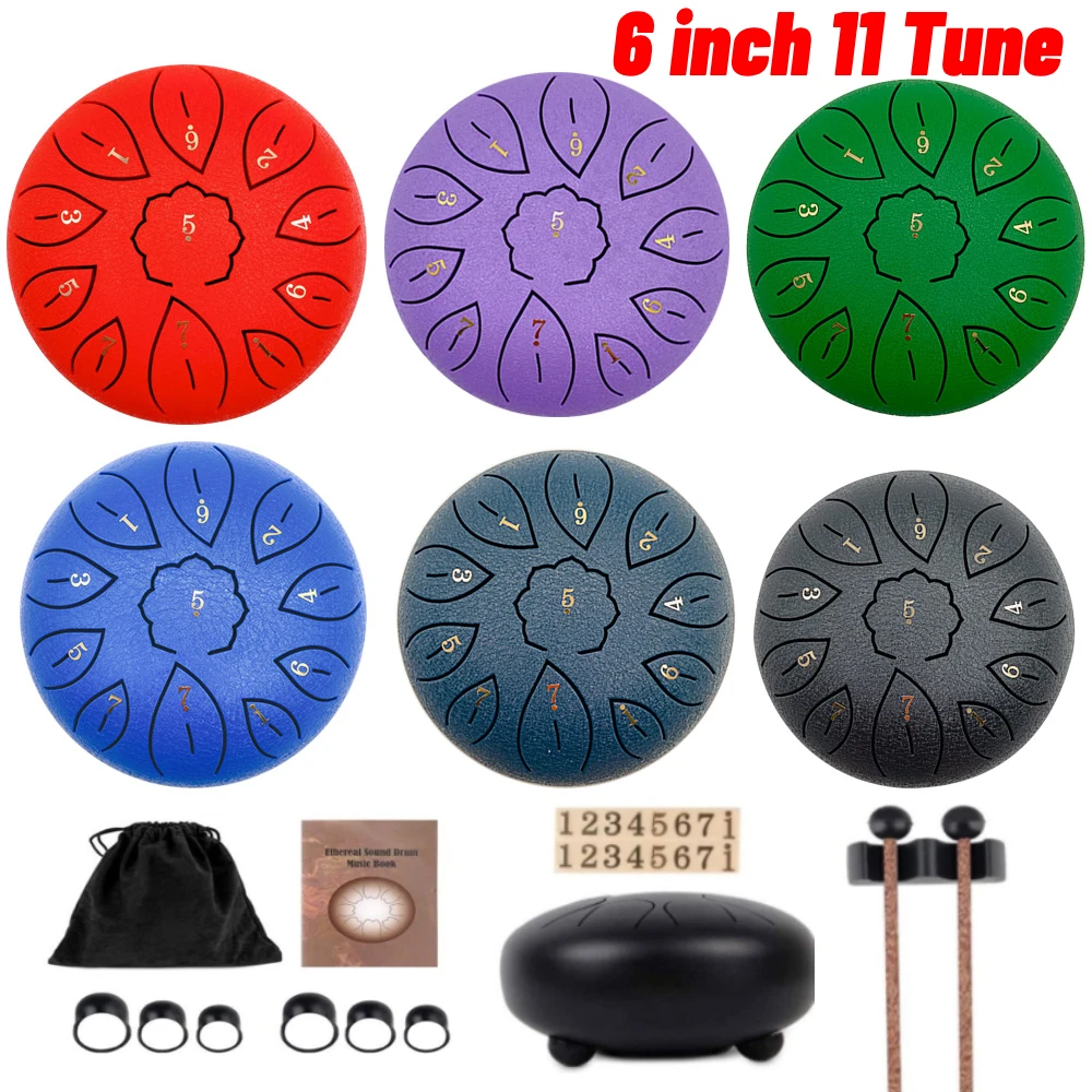 11 Tune Percussion Musical Instrument 6 inch Steel Tongue Drum for Beginner Tune Hand Drum Pad Sticks Carrying Bag Percussion