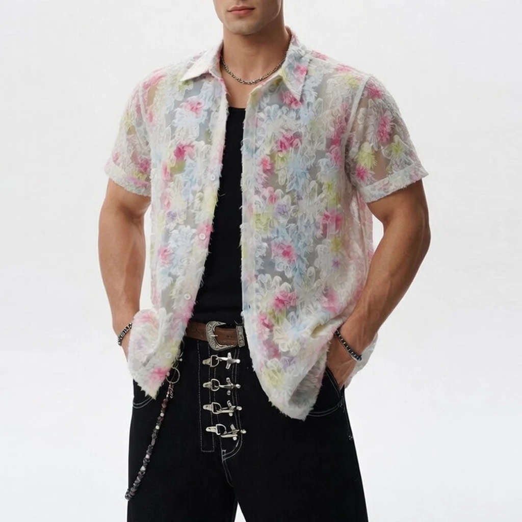 Trendy Mesh See Through Flower Shirt for Man Sxey Short Sleeved Loose Couple Shirts Jacket Summer Fashion Hip Hop Streetwear 5XL
