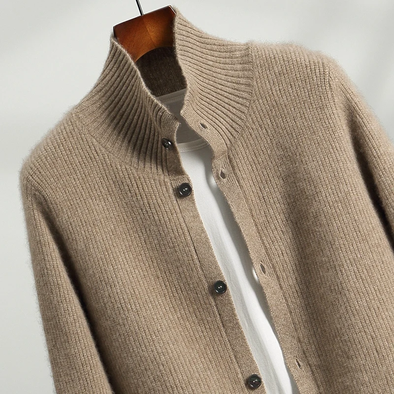 Button High-Collar Thick Cardigan Men's 100% Cashmere Fashionable Temperament Sweater Autumn Winter Soft Comfortable Knit Jacket
