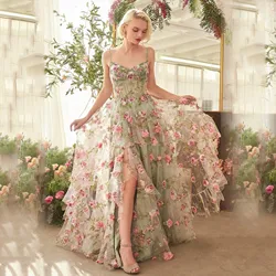 JEHETH 3D Flowers A Line Prom Dresses Sleeveless Corset Evening Party Dress Long Formal Gown Vestidos De Graduación Customized