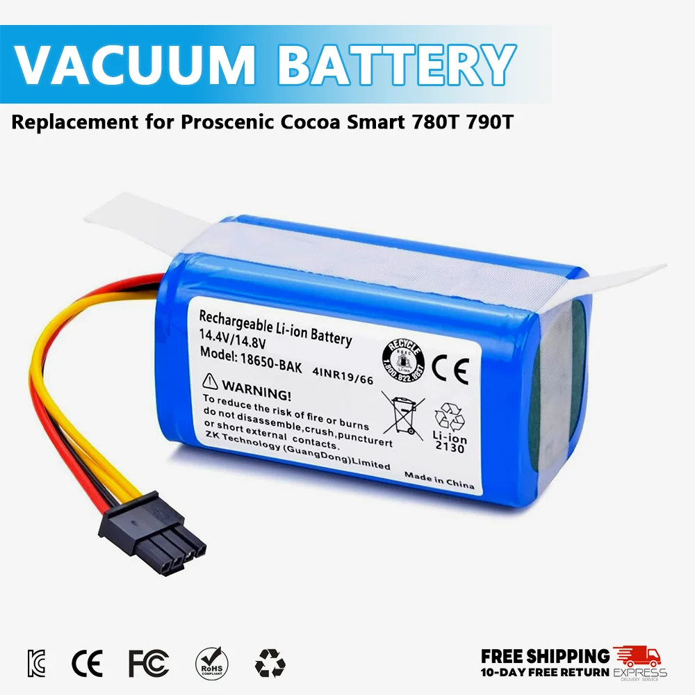 

14.4V 6800mAh Li-ion Battery Replacement for Proscenic Cocoa Smart 780T 790T, Bagotte BL509, Vileda VR302