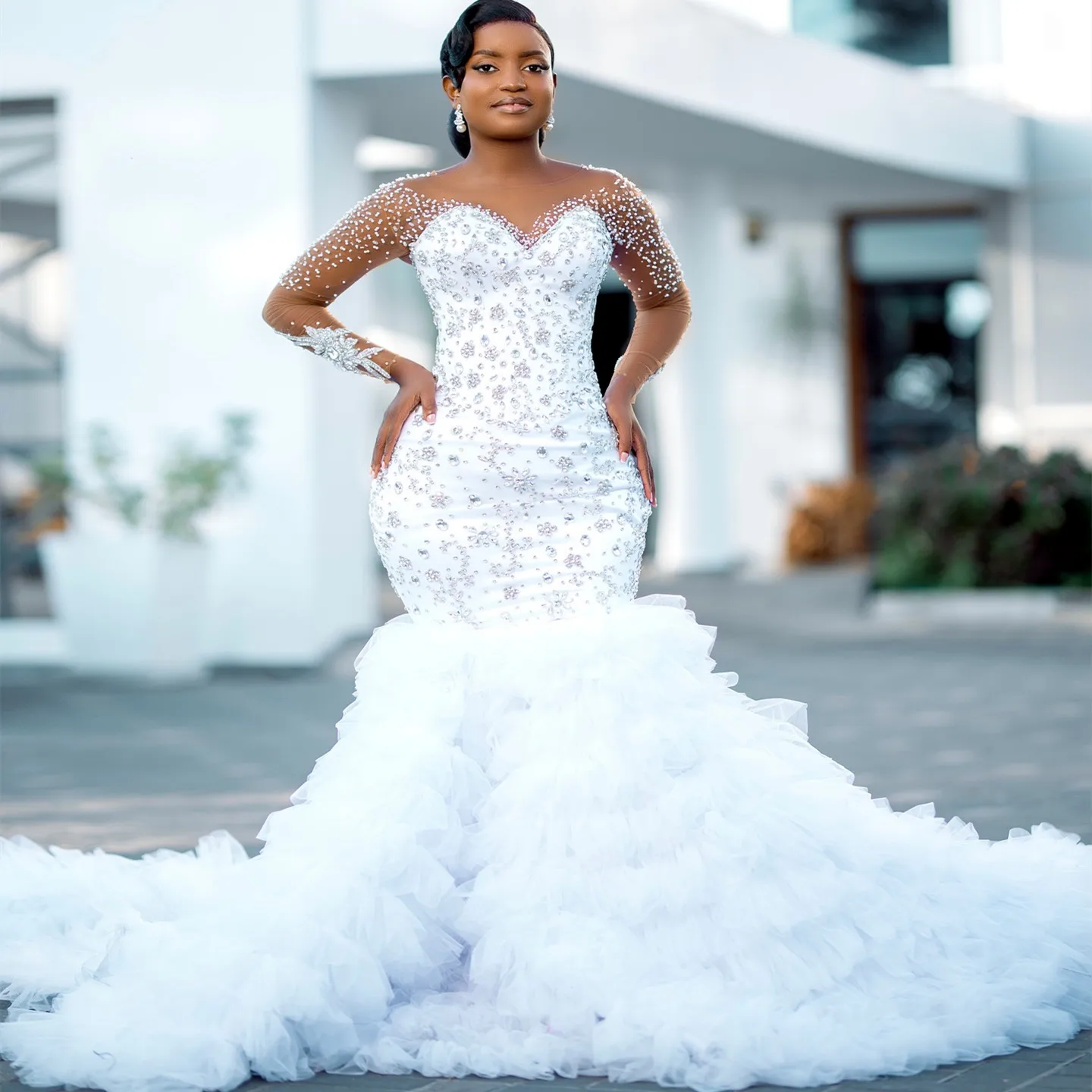 Personalizado árabe aso ebi plus size branco sereia vestidos de casamento frisado cristais camadas organza vestidos de noiva vestido 2026