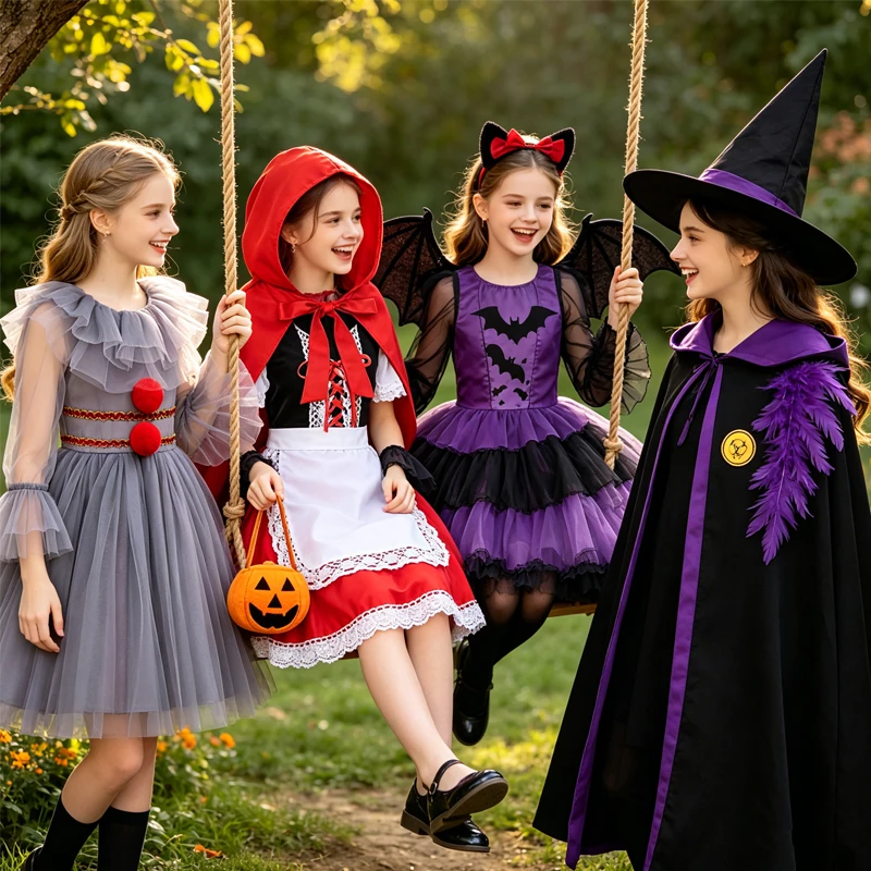 Girl Witch Cosplay Costume 2026 Halloween Carnival Party Dress Children Dress Up Party Clothes Everyday Outfits Dress