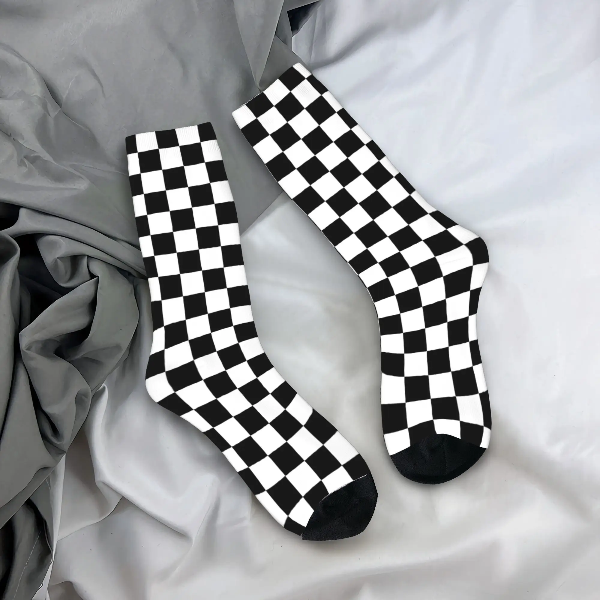 Custom Black And White Checkerboard Pattern Dress Socks Mens Womens Warm Fashion Novelty Geometric Tartan Crew Socks