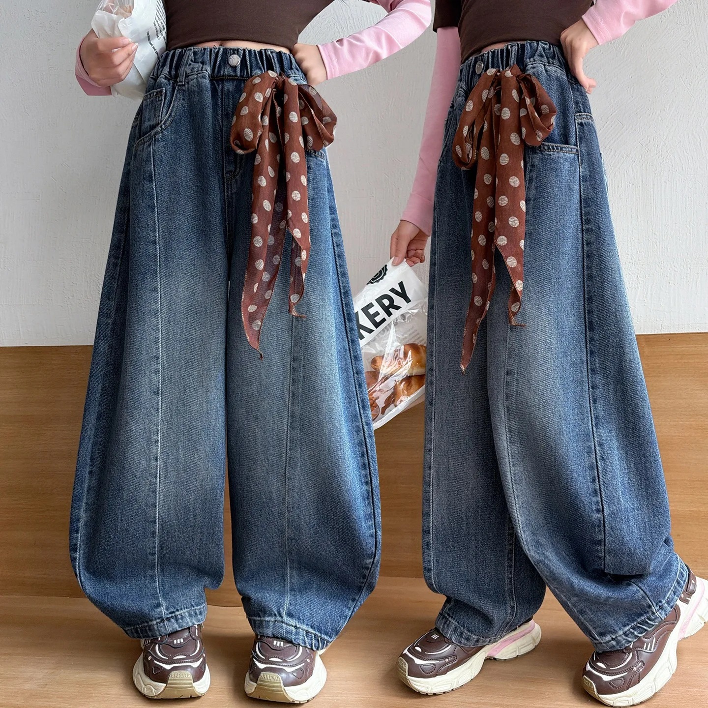 New Children Fashion Autumn Curved Jeans for Tweens Girl Wide Leg Denim Pants Kids Casual Loose Trousers with Ribbon Design
