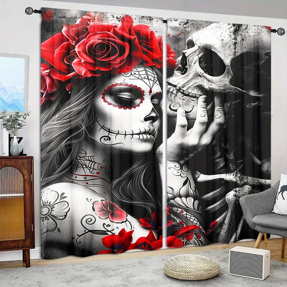 2pcs Skeleton Love Printed Curtain for Home Decor - Rod Pocket Window Treatment for Bedroom,Office,Kitchen,Living Room,and Study