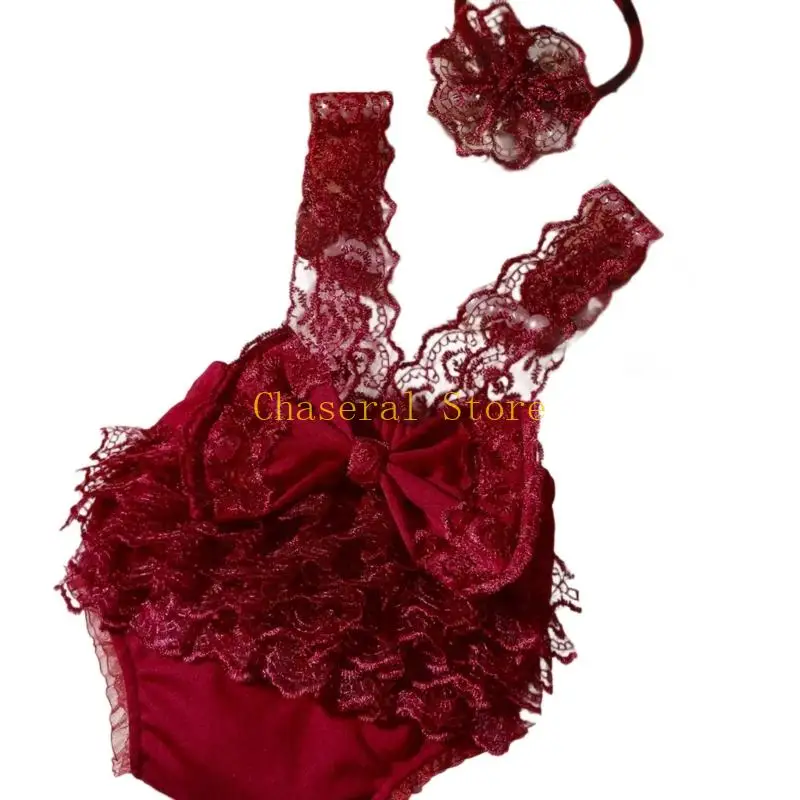 E7CE Elegant Lace Romper And Headwear For Newborns Photo Safe Photo Props