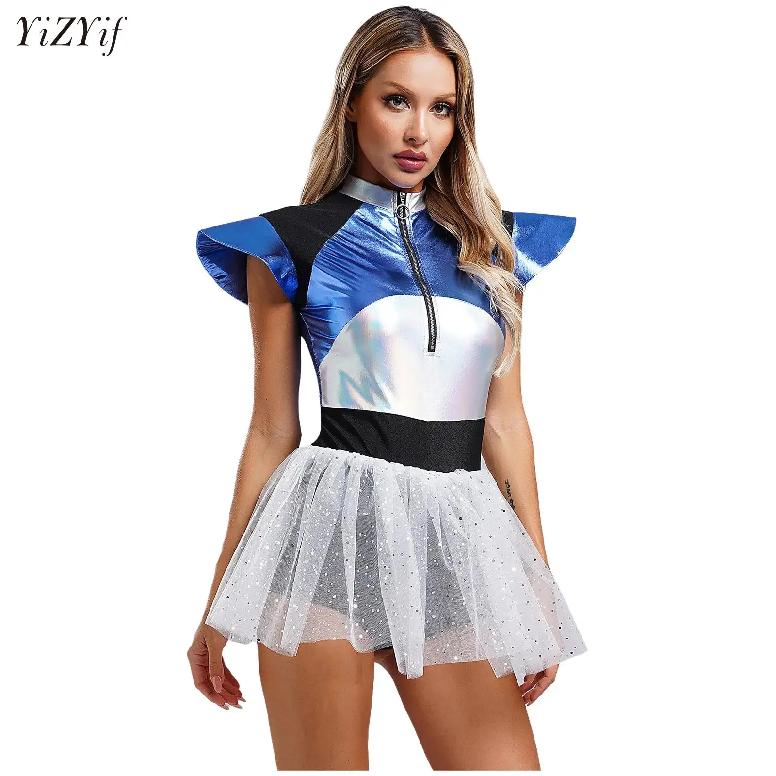 

Womens Space Cadet Alien Astronaut Dress Tulle Skirt Jumpsuit Boyshorts Halloween Robot Cosplay Themed Party Outfits Costume