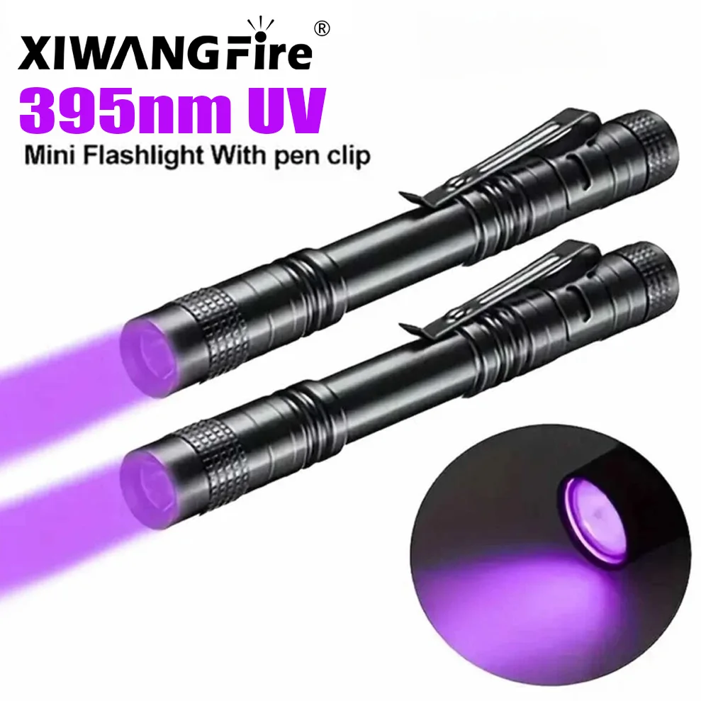 Linterna UV de 395nm, antorcha ultravioleta con Clip para bolígrafo, baterías AAA portátiles, luz violeta usada, Detector de escorpión de orina de mascota, lámpara UV