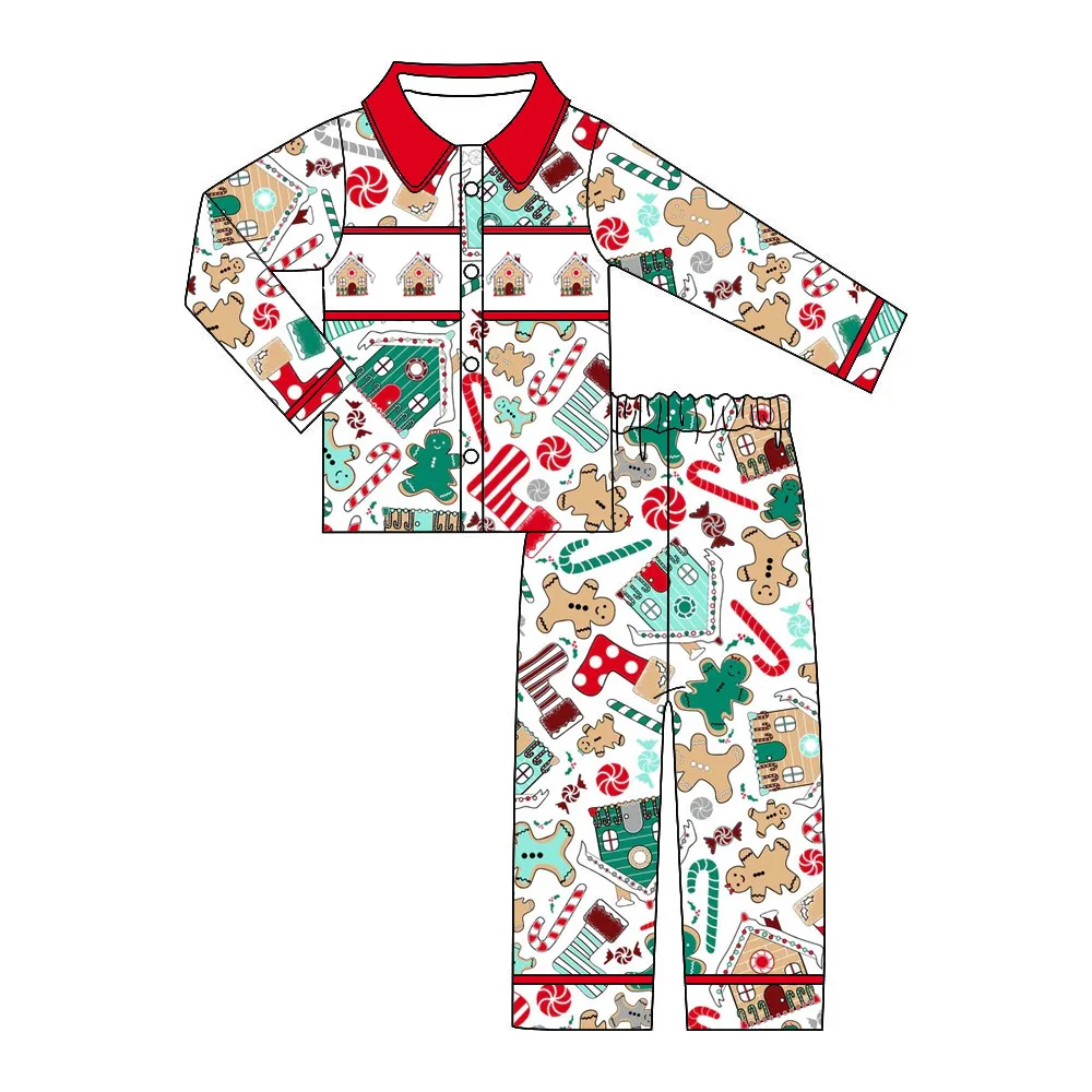 Boutique Children's Christmas Outfits Boys Girls Gingerbread Pajamas Set Cartoon Express Train Kids Clothes