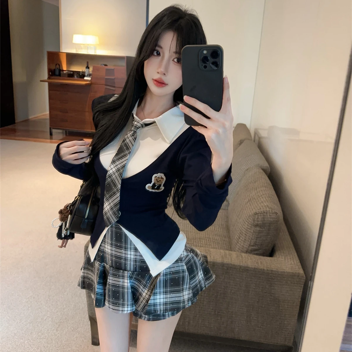 Spicy School orm JK Outfit Gonna a vita alta con cravatta lunga Sve irt Autumn Faion Set per giovani donne