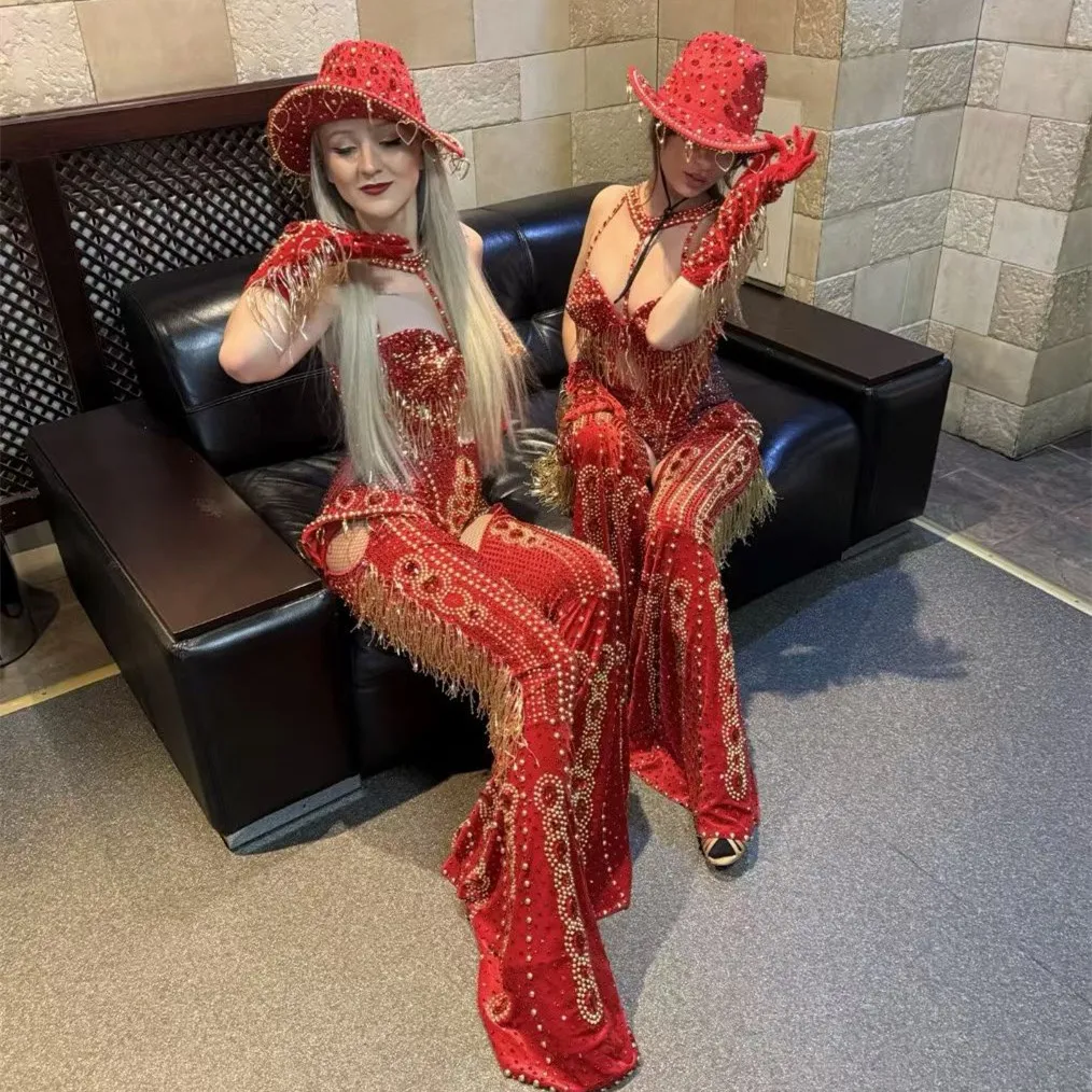 

Сексуальный боди-комбинезон с бахромой и стразами, праздничная одежда для карнавала, рейв-вечеринок, ковбойский костюм для женщин, наряд для шоугёрл, танцовщиц, вечеринок