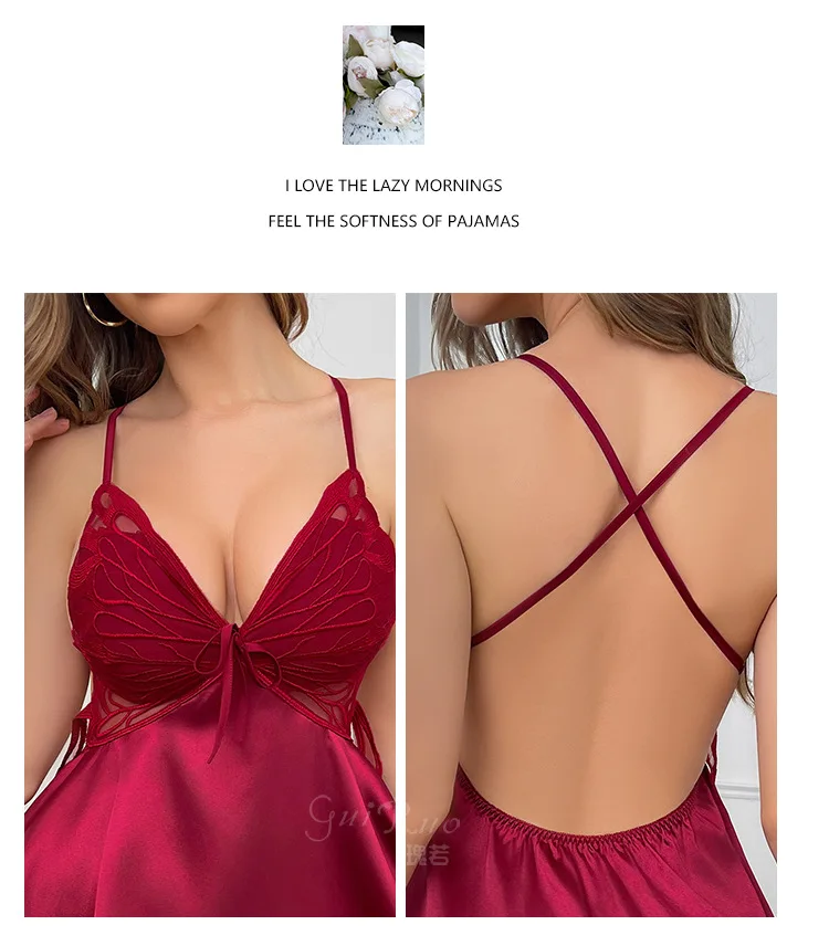 Lencería sexy tipo camisón con escote en V profundo, sujetador push-up acolchado, espalda descubierta, tirantes cruzados, vestido de satén, camisón para mujer