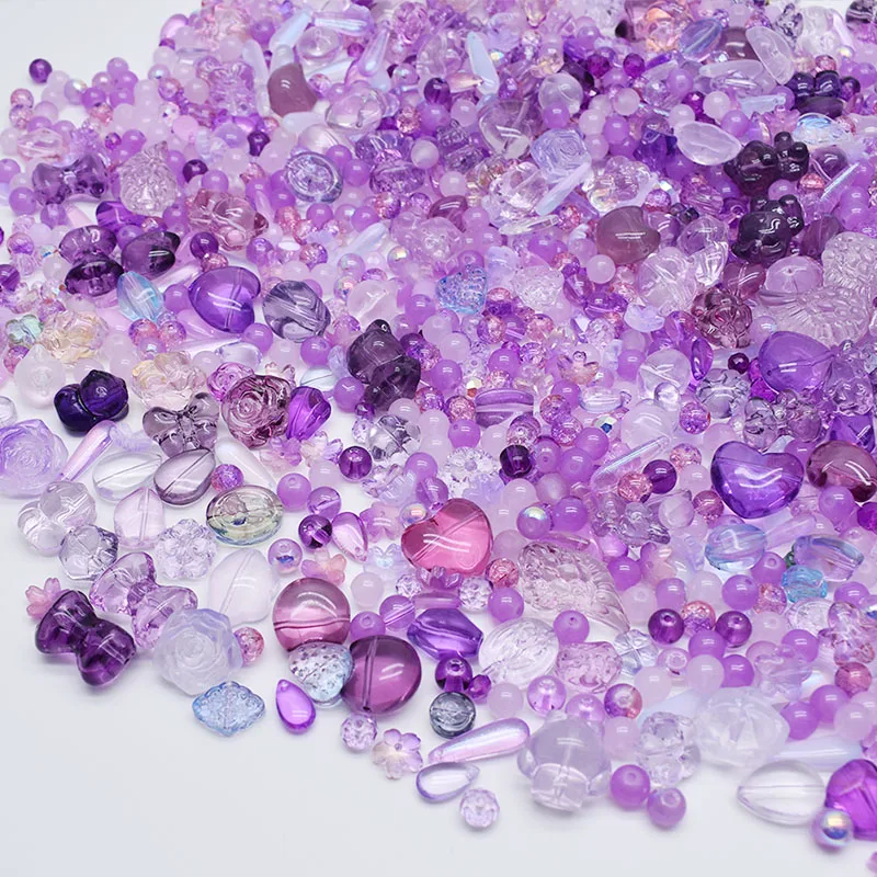 30g/100g Purple Mixed various size style Round Water Droplet Flower Star Heart Butterfly Leaf Glass Beads For Jewelry Making DIY