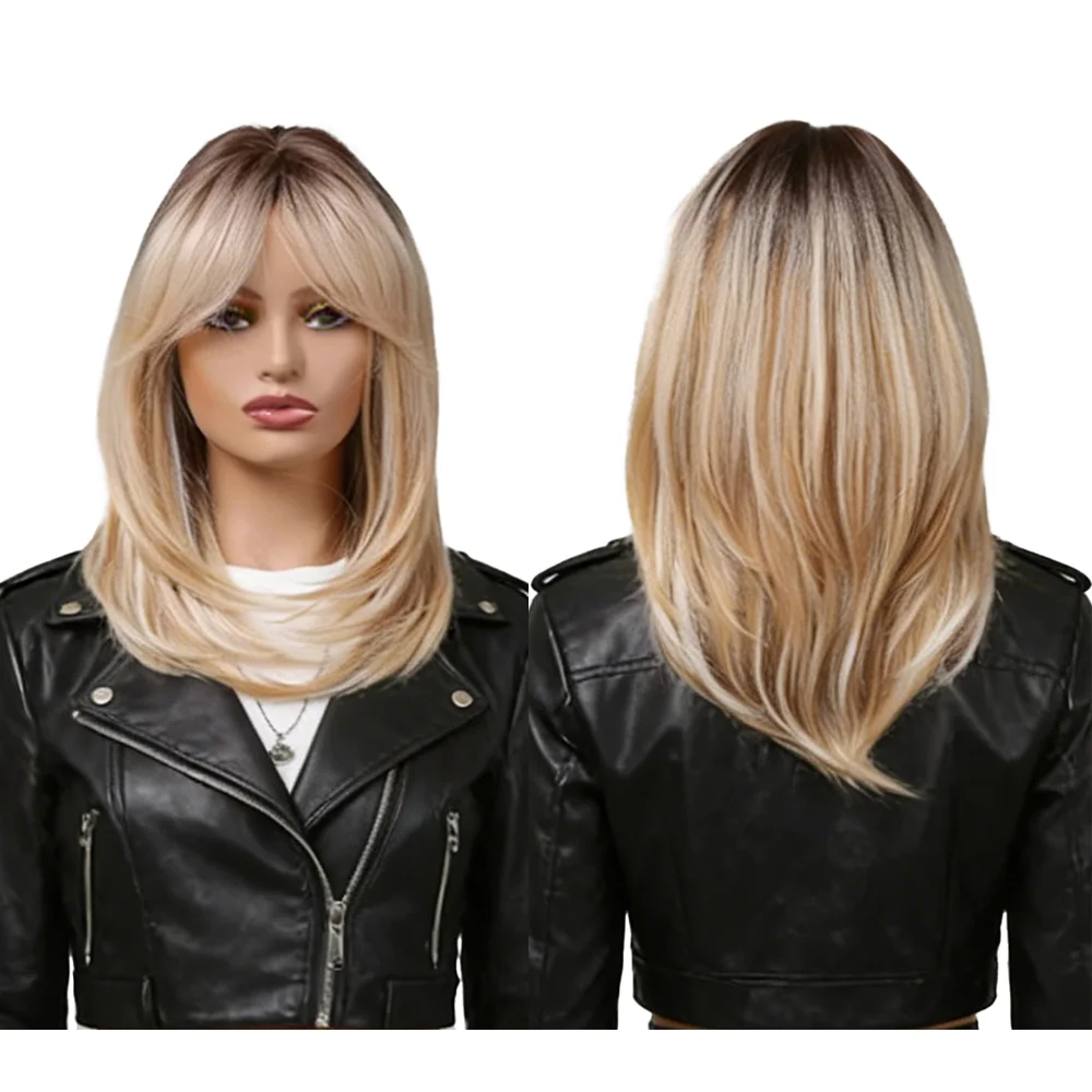 Ombre Blonde Wig With Bangs Shoulder Length Layered Synthetic Wigs Women Dark Roots Heat Resistant Natural Looking Daily Party