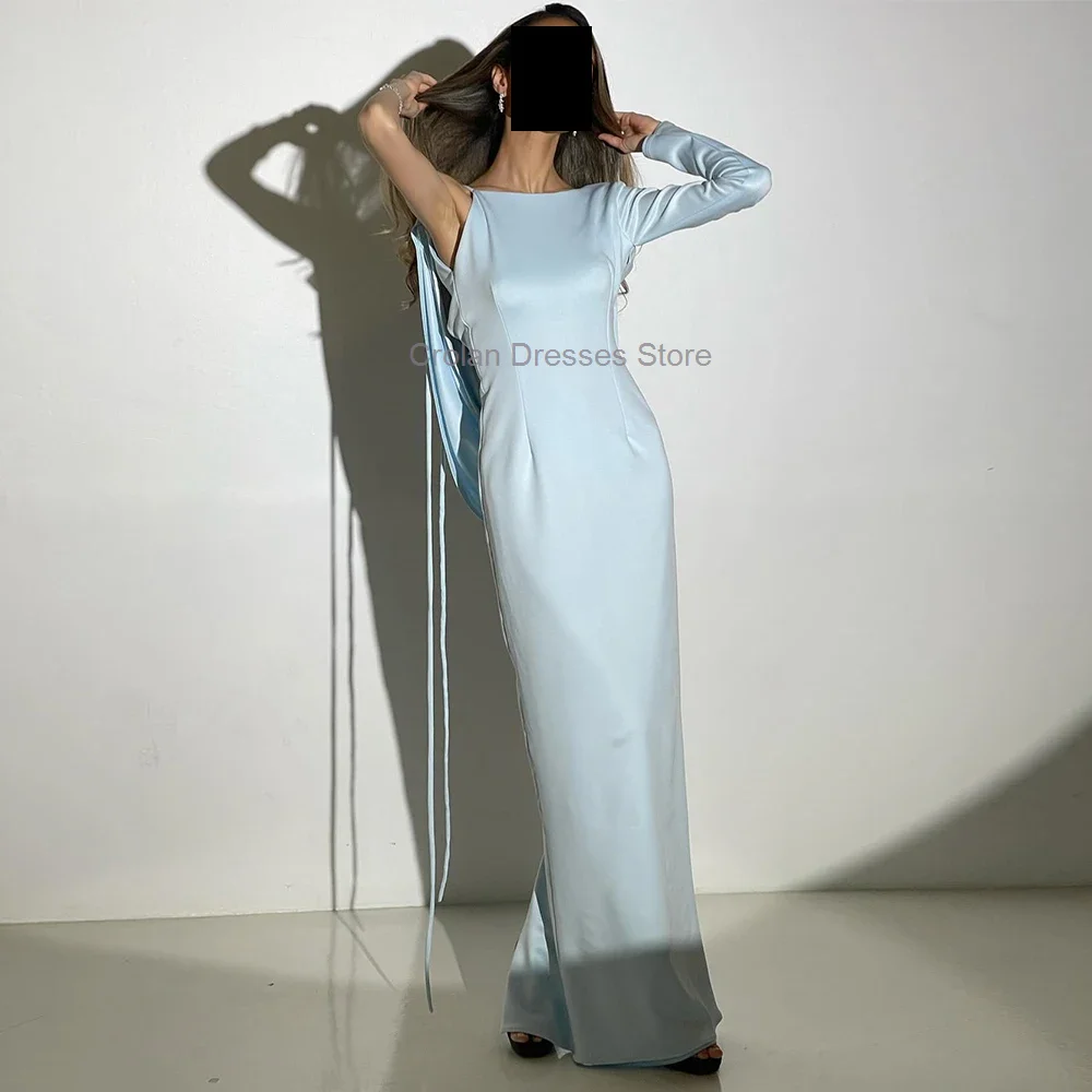 

Sky Blue Sheath Satin Evening Party Dress Saudi Arabia Ladies One Shoulder Floor Length Prom Gowns Sexy Backless Celebrity Dress