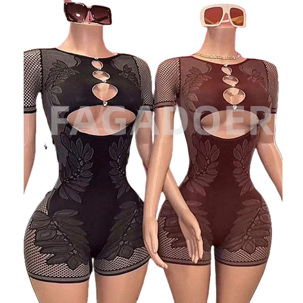 FAGADOER Summer Thickening Lace Hollow Out Bodycon Rompers Women Round Neck Short Sleeve Slim Jumpsuits Fashion Female Overalls