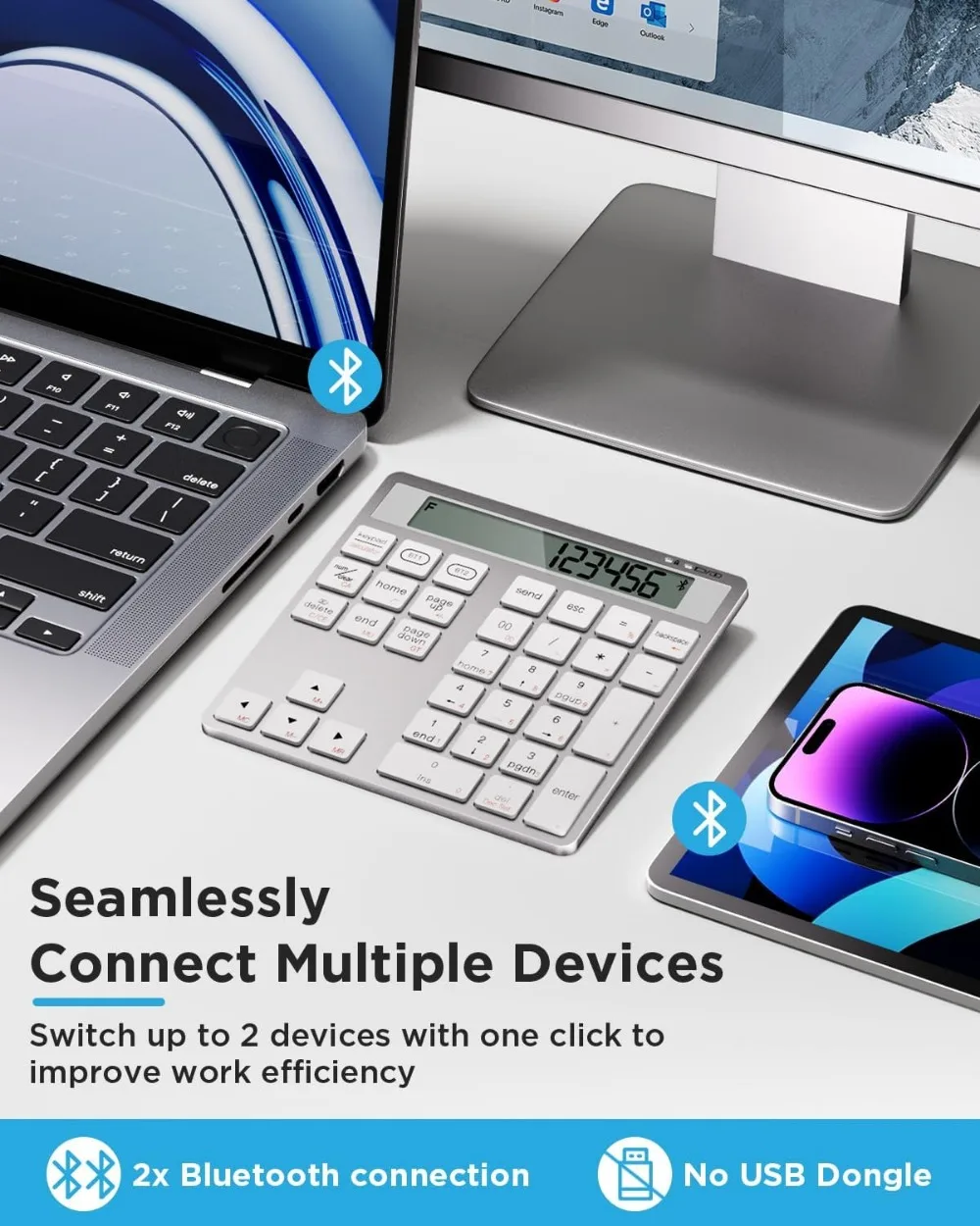 لوحة مفاتيح أرقام لاسلكية قابلة لإعادة الشحن مع بلوتوث مزدوج، شاشة آلة حاسبة مكونة من 34 مفتاحًا لجهاز Windows Mac PC Tablet #5