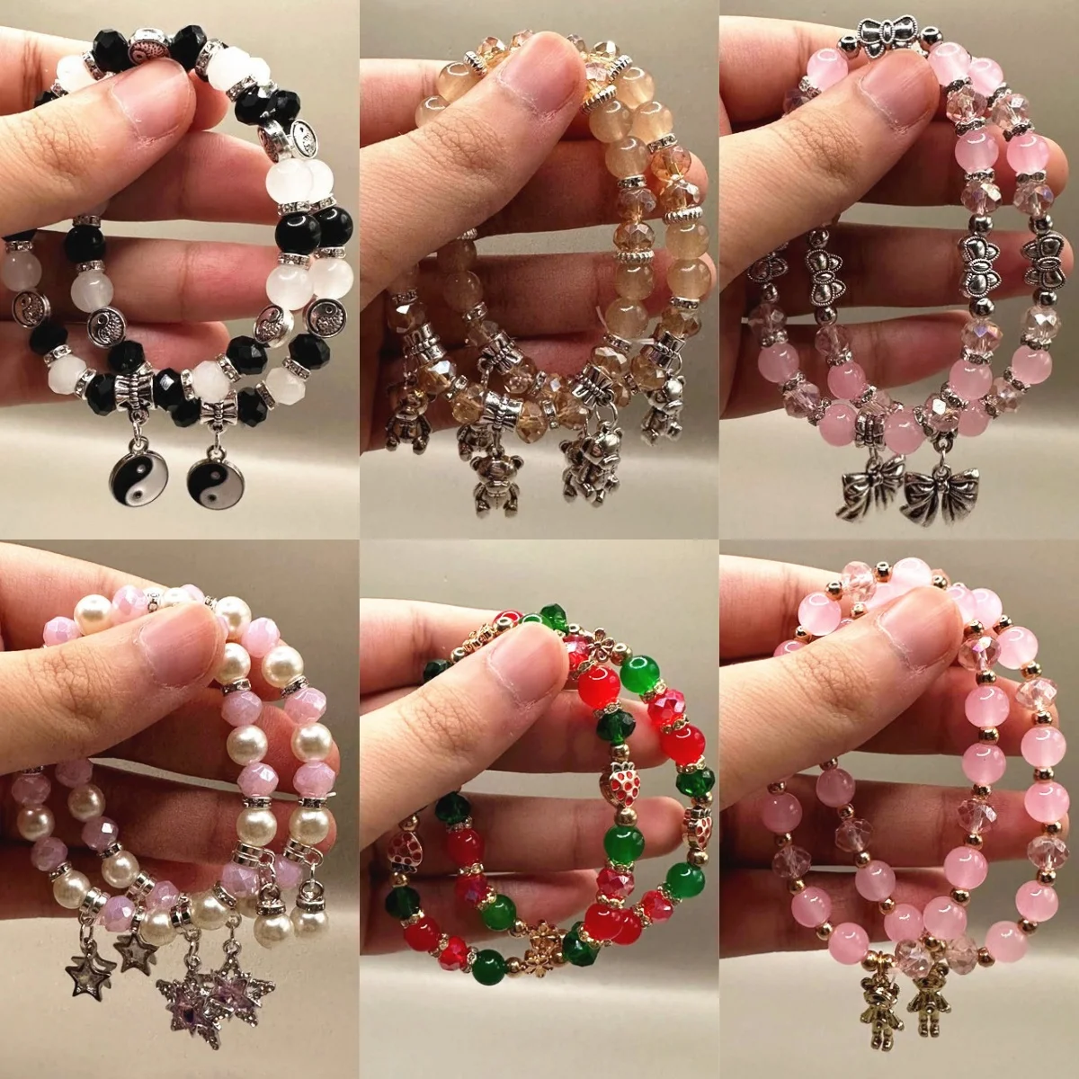 Multi-styles Colorful Dopamine Elastic Beaded Bracelets Girls Sweet Bear Bow Taichi Pendant Bracelets Couple Matching Bracekets