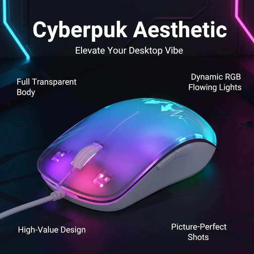 RGB Wired Gaming Mouse Cyberpunk Transparent Shell Dynamic Flowing Lights Ergonomic Mute Click Plug-and-Play Mice for PC Laptop