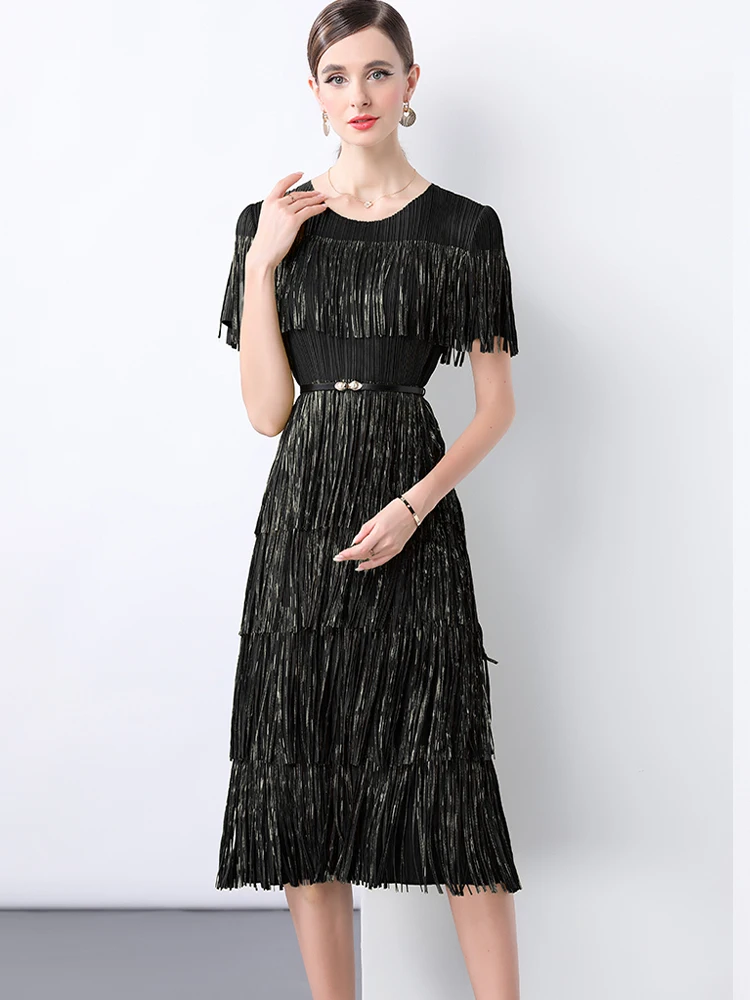 

High Quality Round Neck Short Sleeved Tassel Loose Pleated Dress 2025 Summer New Fashionable Women'S Clothing