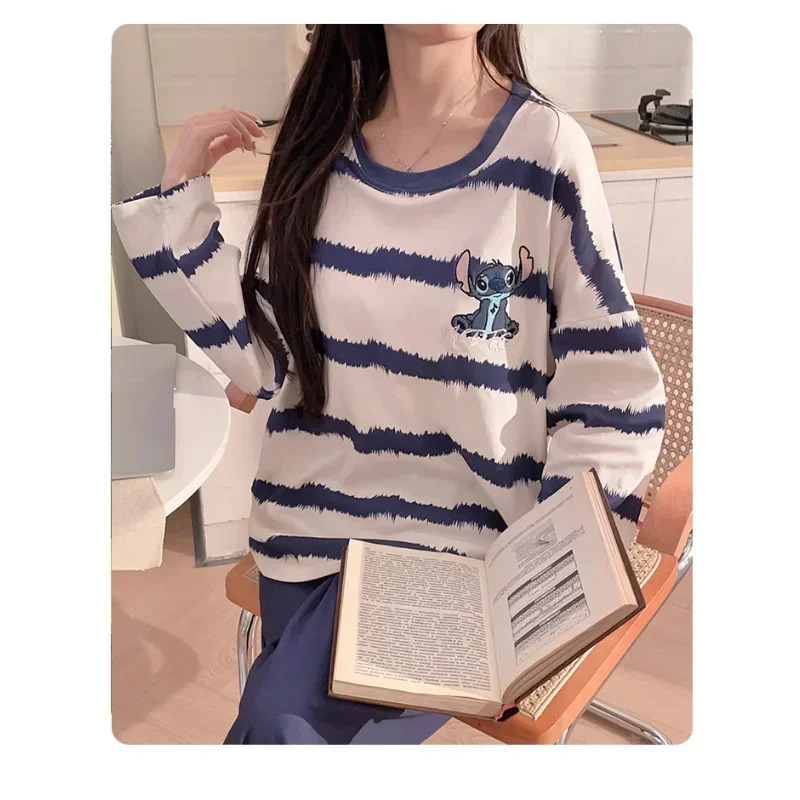 Disney-Pijama de algodón con almohadillas para el pecho para mujer, conjunto de dos piezas, pantalones de manga larga, ropa de estar por casa, suelta e informal