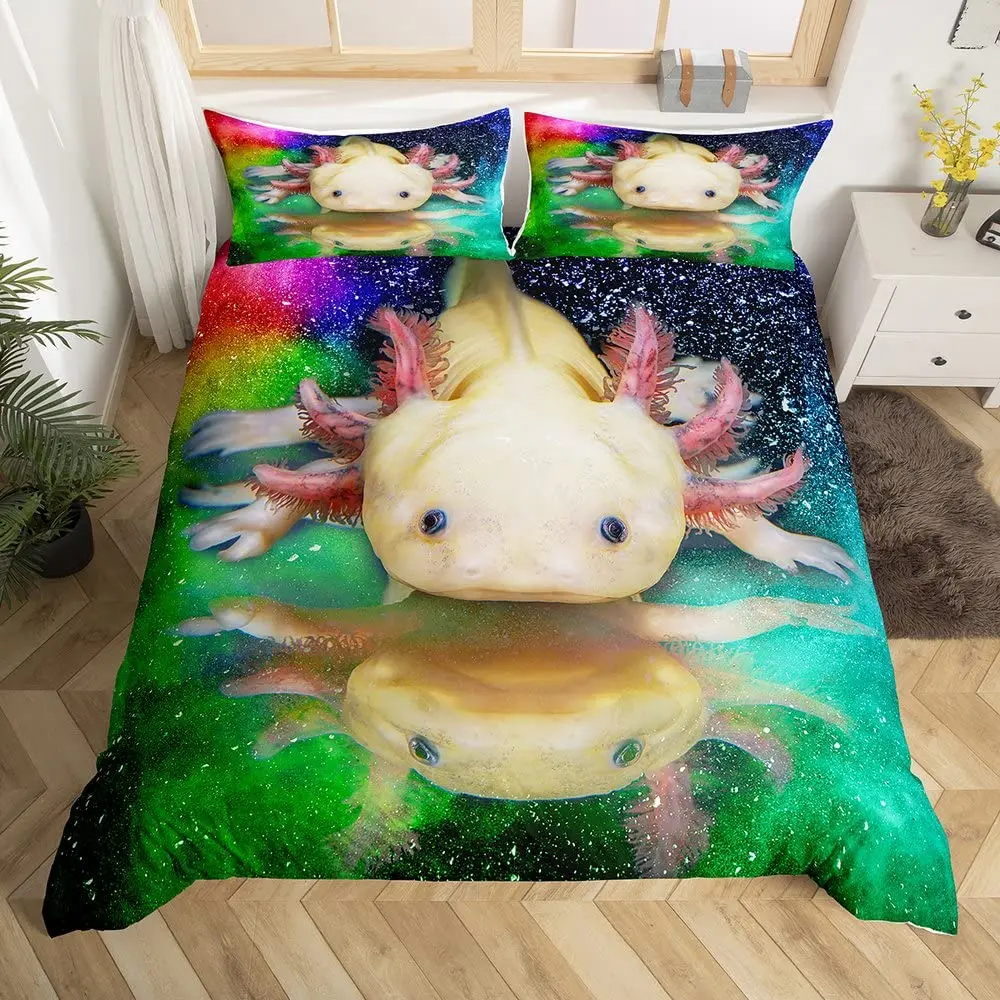 

Cartoon Axolotl Duvet Cover Set King/Queen Size Kids Girls Boys Cute Rainbow Sea Wildlife Animal Reptile Bedding Set