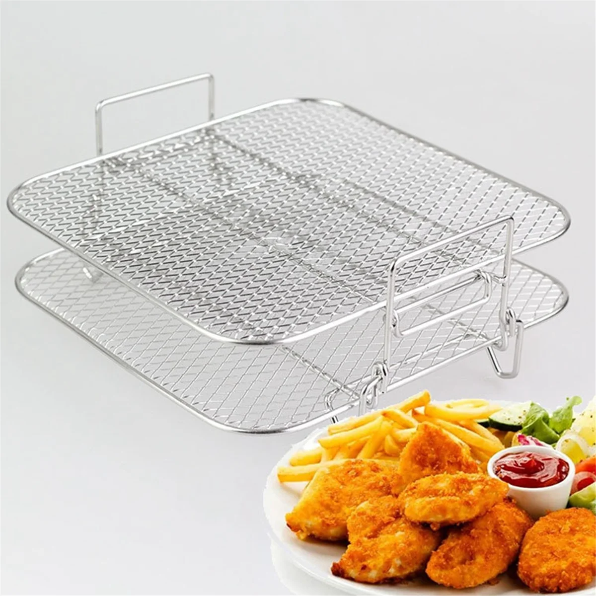A86I-Stainless Steel Air fryer Pot Double Layer Rack Versatile Square Roasting Grill Air fryers Holder 5QT/5.7QT/6.8QT