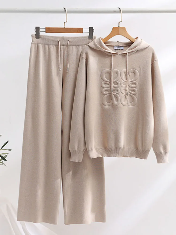 Malha com capuz sweatshirts 2 peça define feminino casual malhas jumper topos conjuntos coreano cintura alta malhas calças de perna larga terno ﻿